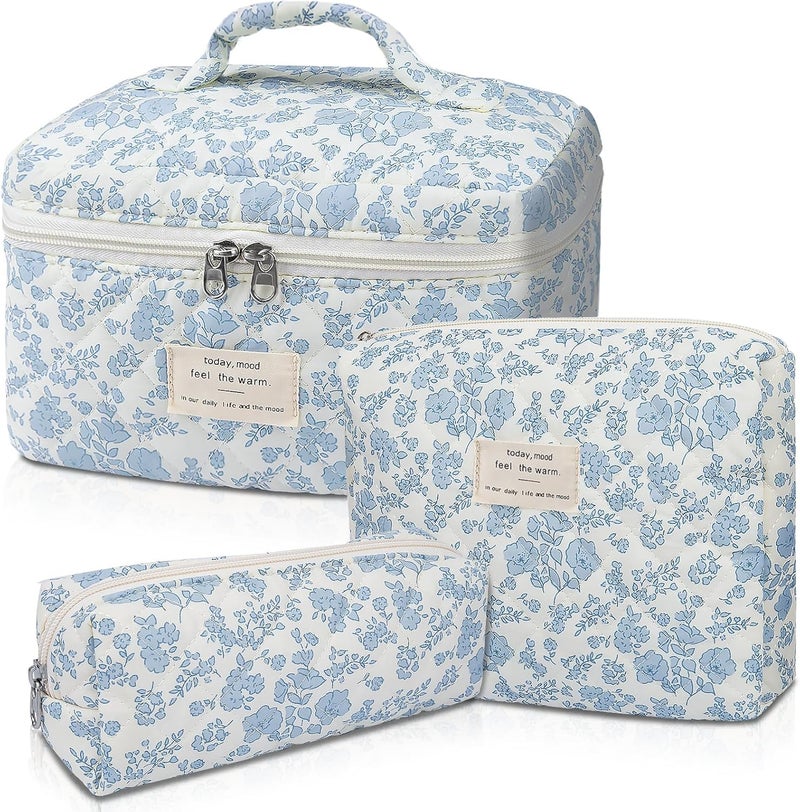 Gosect Makeup Bag, Large Quilted Cosmetic Bag, Big Floral Make Up Bag for Women Girls, Cute Cotton Makeup Bag Set, Flower Travel Toiletry Organizer Bag (Blue Flower) - Image 1
